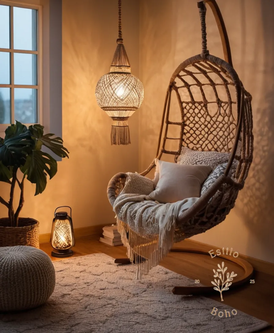 A cozy reading corner lit up by a macramé lamp.