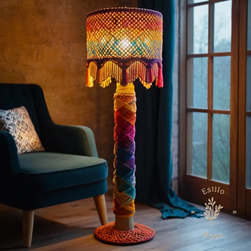 A colorful, handmade macrame floor lamp.