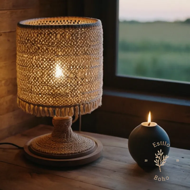 A macramé lamp beside materials prone to ignition.
