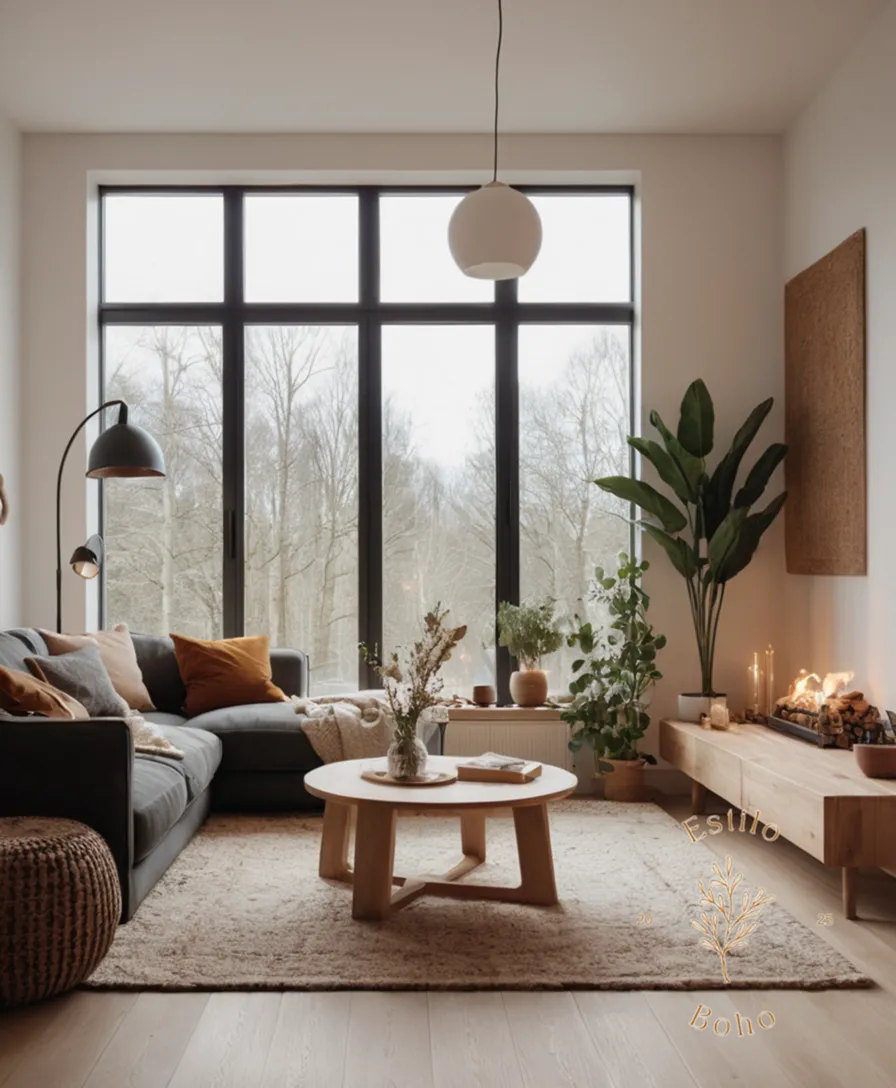 Blending minimalist Scandinavian and bohemian styles in a cozy living space.