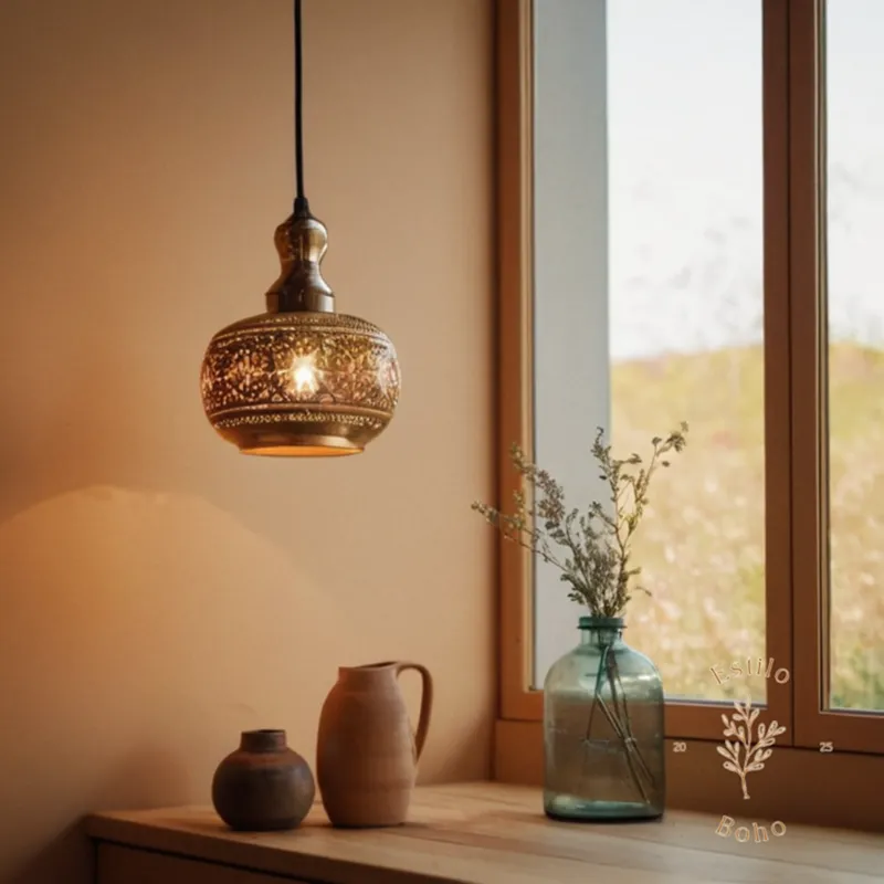 2 bohemian lamp styles integrated into a minimalist Scandinavian setting.