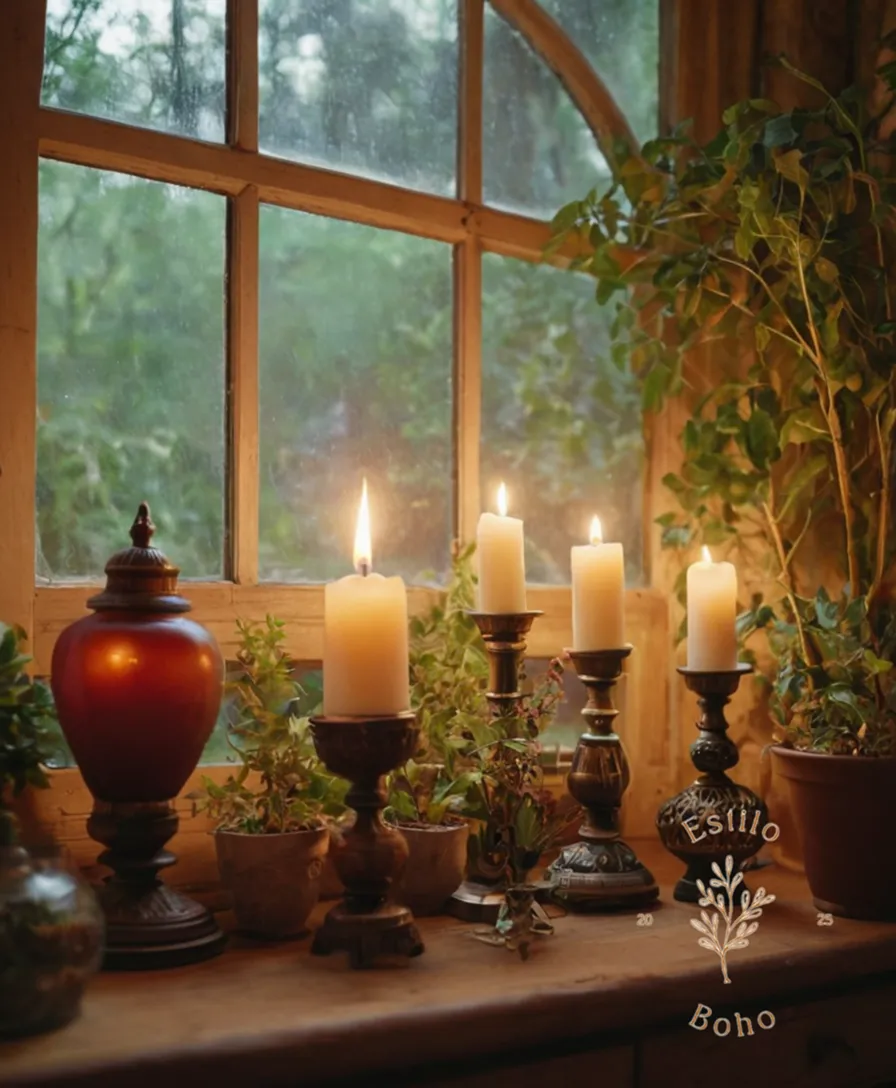 Vintage lamps, candles, and plants arranged in bohemian harmony.