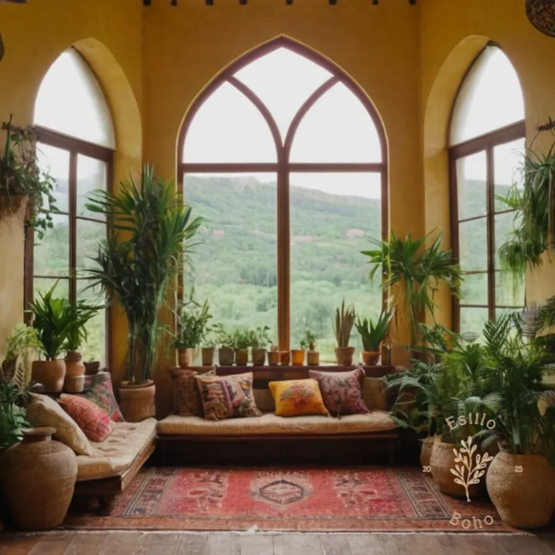 A bohemian-inspired room with lush plants and decorative vases.