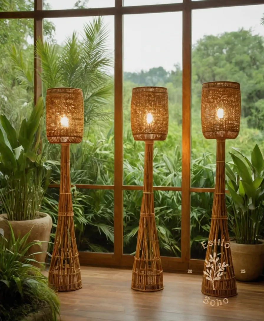3-4 bohemian bamboo floor lamps in a lush garden setting.