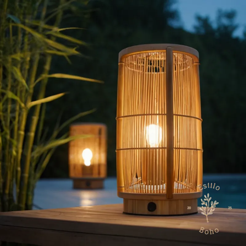 3-4 bamboo outdoor lamps in various settings, exposed to weather.