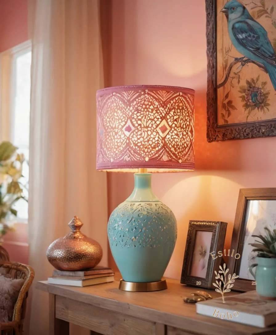 Vibrant bohemian-style lamps in pastel hues and eclectic decor.