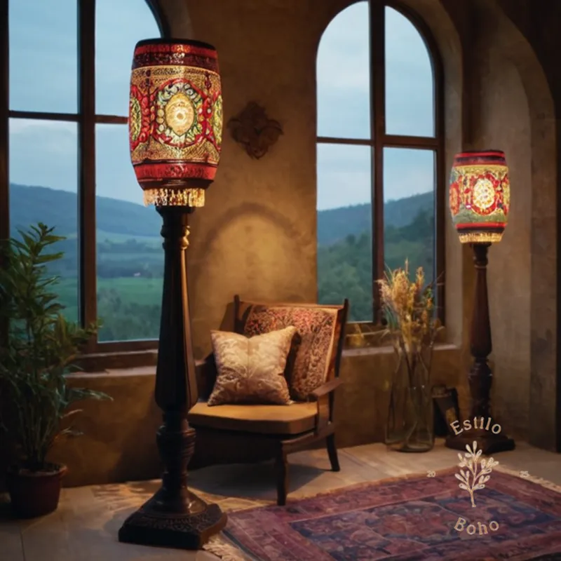 3 bohemian-style floor lamps in trendy colors.
