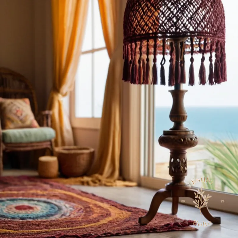 A bohemian-style lamp with macramé shade on floor.