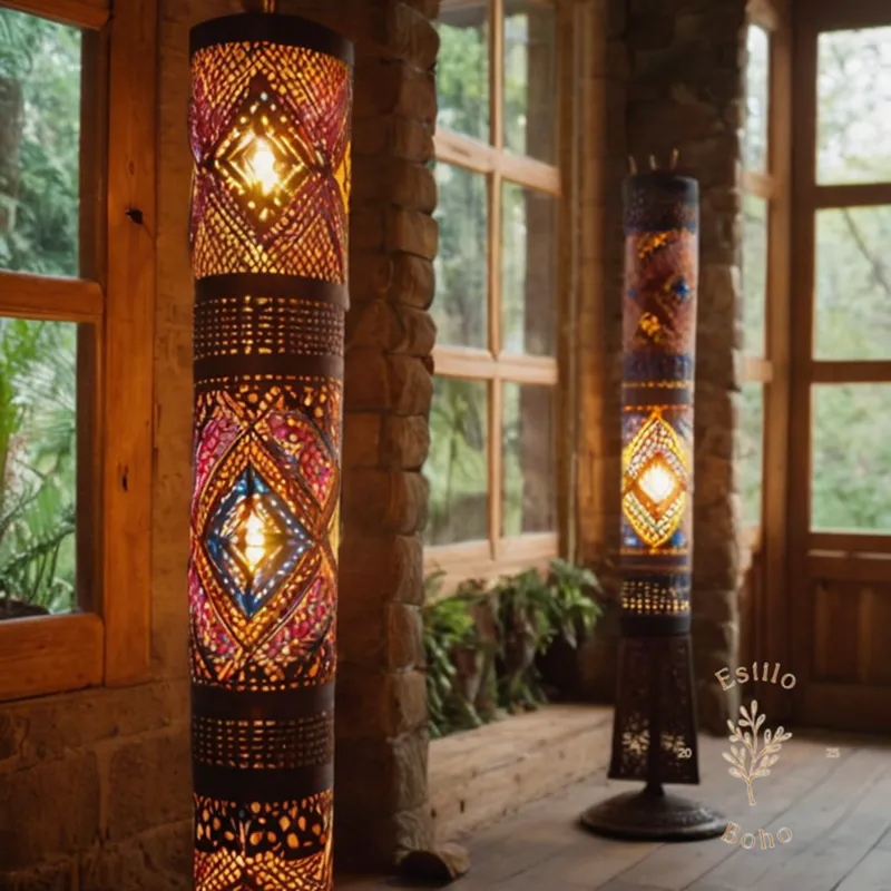 3-4 stylish bohemian floor lamps with natural setting.