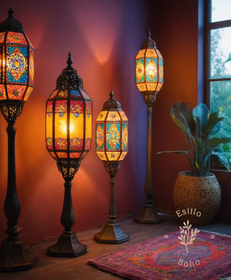 3-5 colorful bohemian floor lamps.