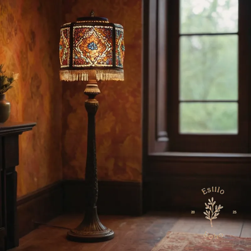 2-3 unique bohemian floor lamps side-by-side, soft focus.