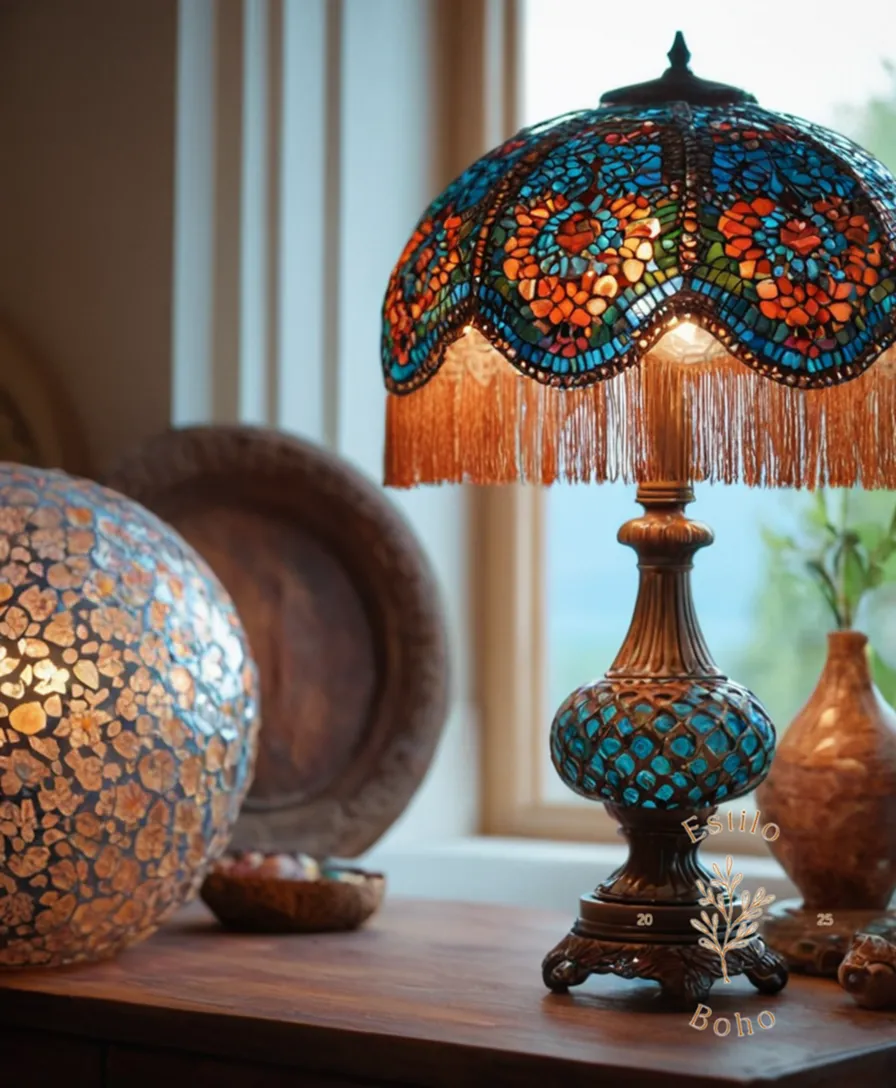 BoHo-style artisanal lamps on eclectic tables and furniture.