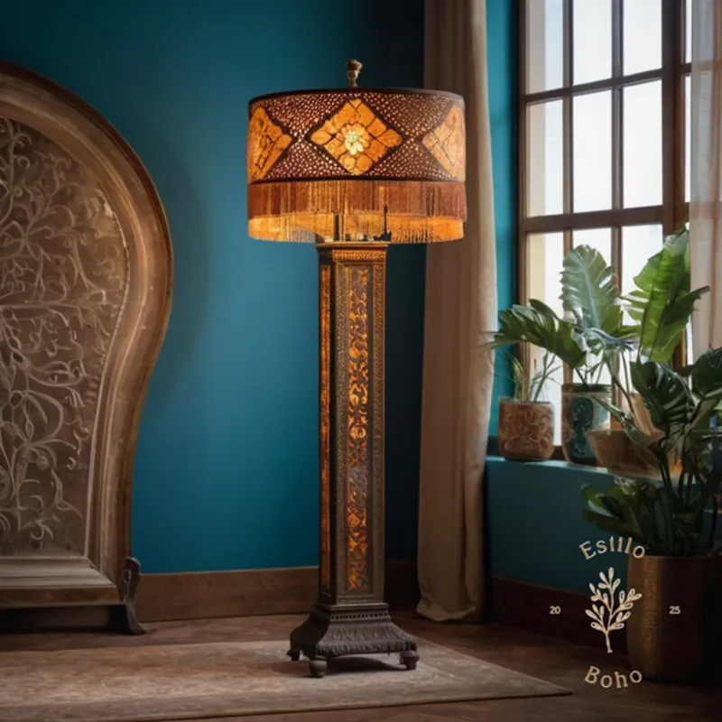 A bohemian-style floor lamp with decorative fringed screen.