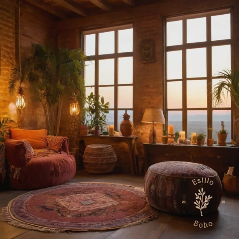 A bohemian-themed room with artfully placed floor lamps.