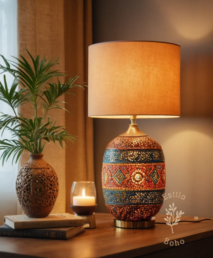 3-4 stylish bohemian table lamps in a trendy setting.