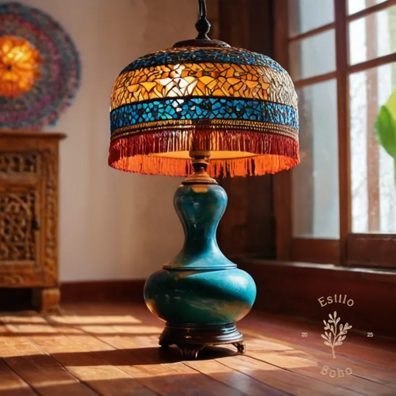 A bohemian-style lamp standing on a colorful decorative wooden floor.