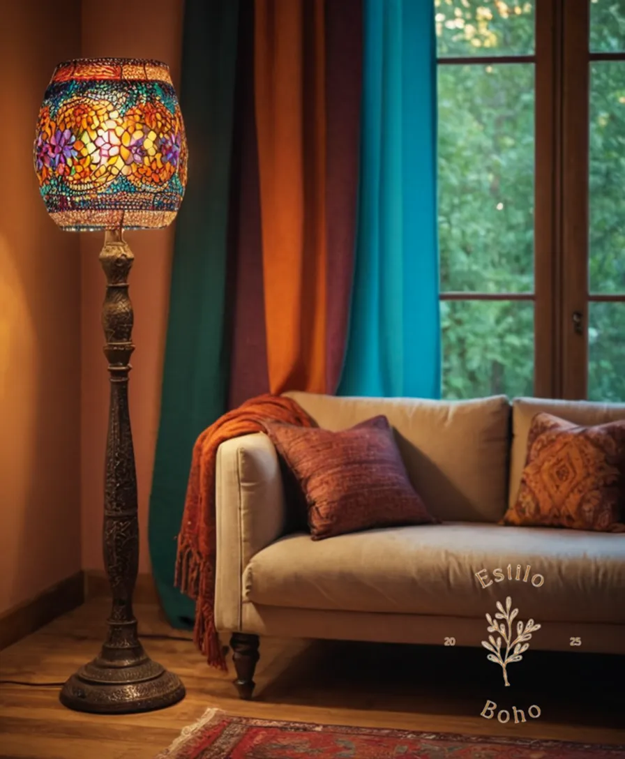 A stylish bohemian floor lamp on a colorful background.