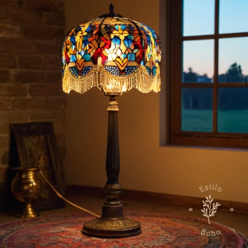 A bohemian-style floor lamp with unique lighting bulb.