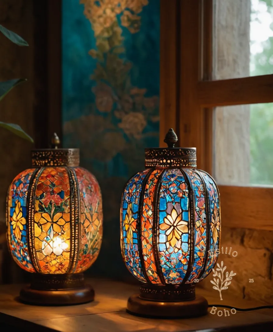 3 different bohemian-inspired handmade lamps in various settings.