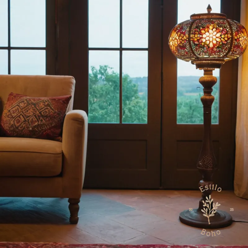 3-4 unique, bohemian-style floor lamps in different settings.