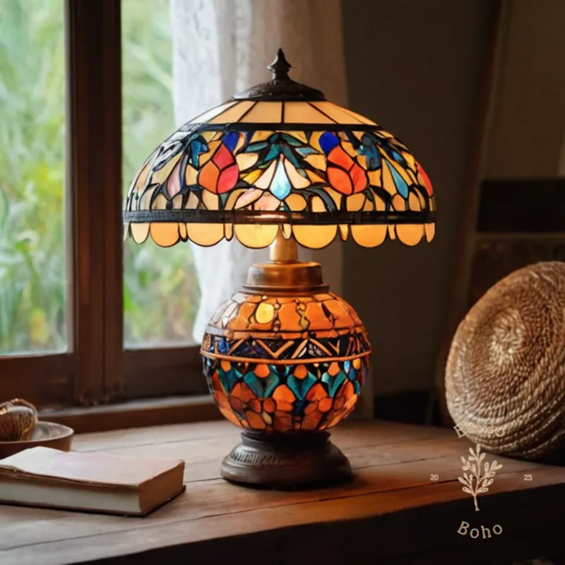 A beautiful, eclectic bohemian lamp on a wooden table.