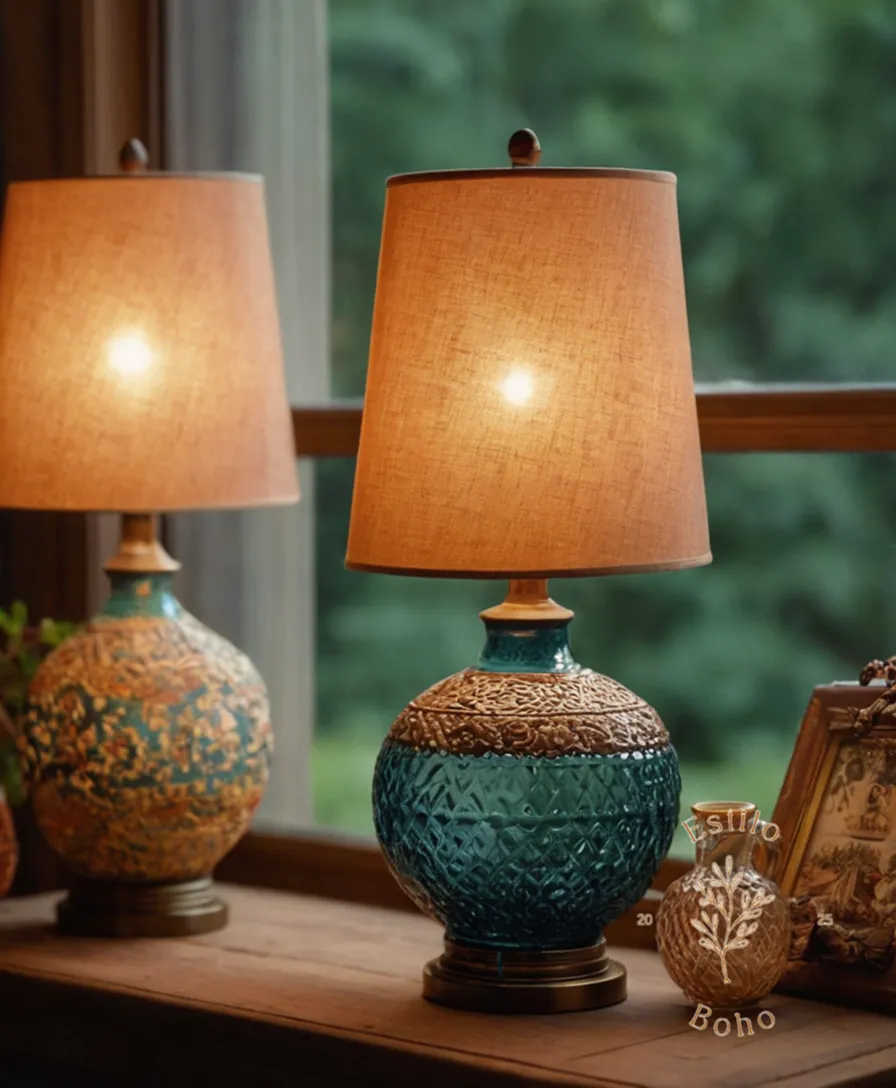 3-4 stylish table lamps in bohemian settings and styles.