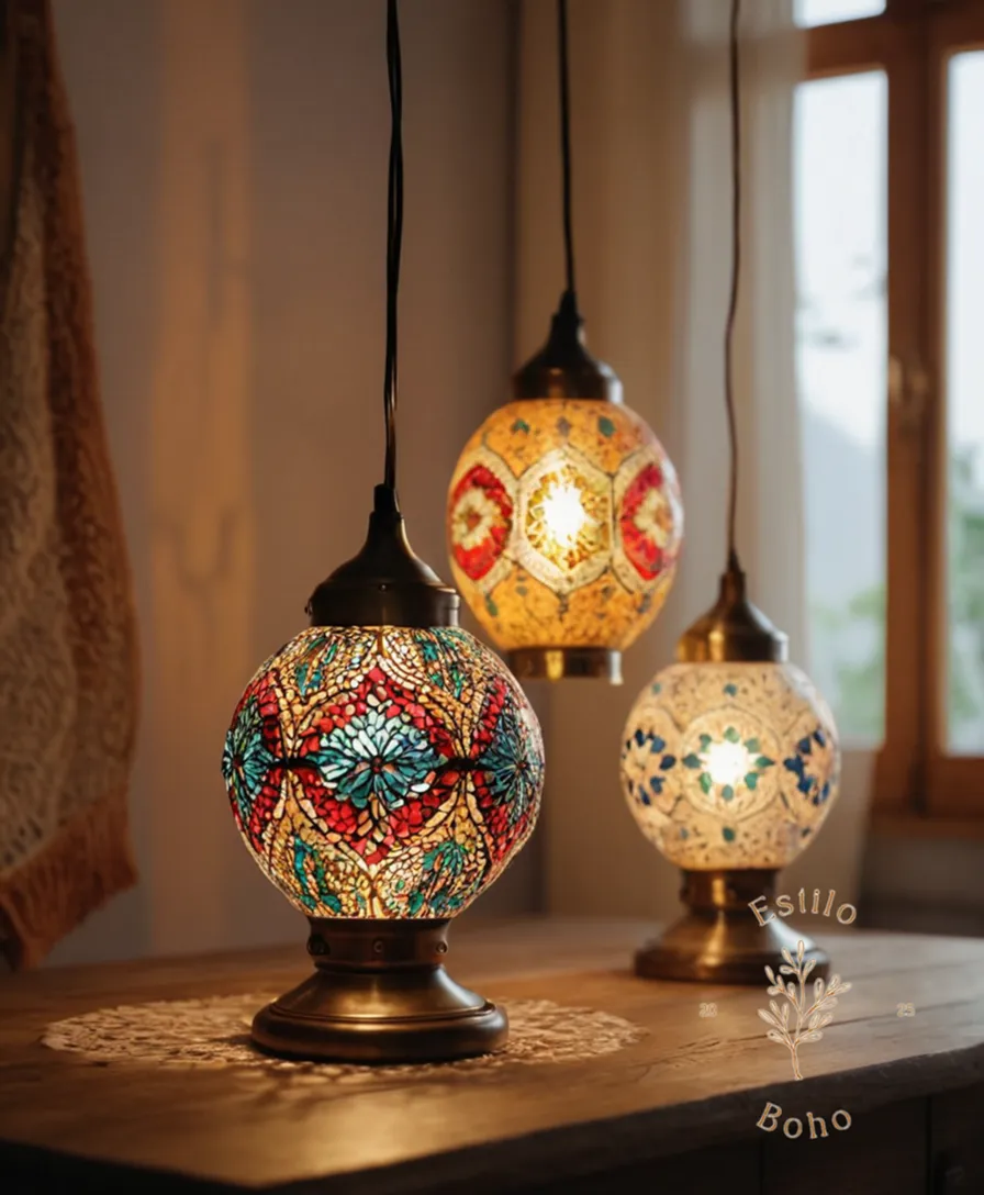 2-3 bohemian lamps styled attractively on a minimalist table background.