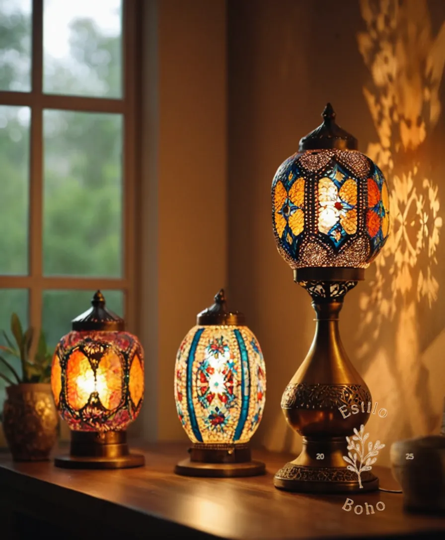 3-4 stylish bohemian lamps on a decorative table or shelf.