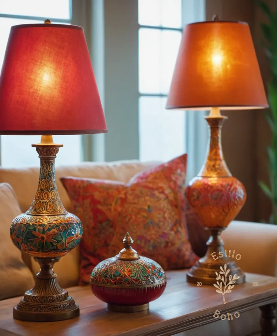 3-4 colorful, bohemian-style lamps in a stylish living room setting.