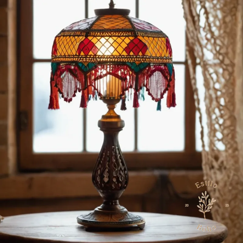 A bohemian lamp standing on a stylish surface,macrame details in focus.