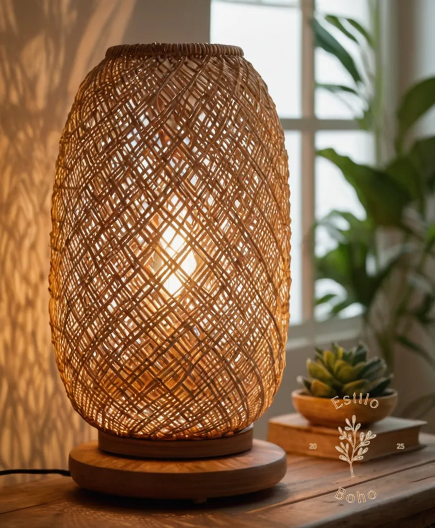 2-3 bohemian lamp styles with woven rattan natural screens.