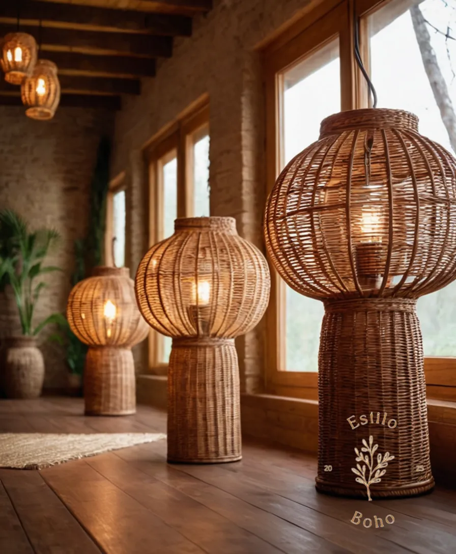 3 bohemian wicker lamps on a wooden floor.