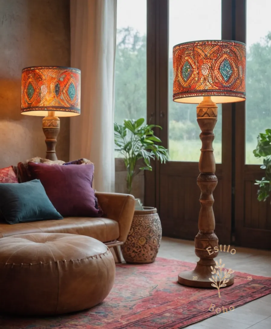 2 bohemian floor lamps in modern living room setting.