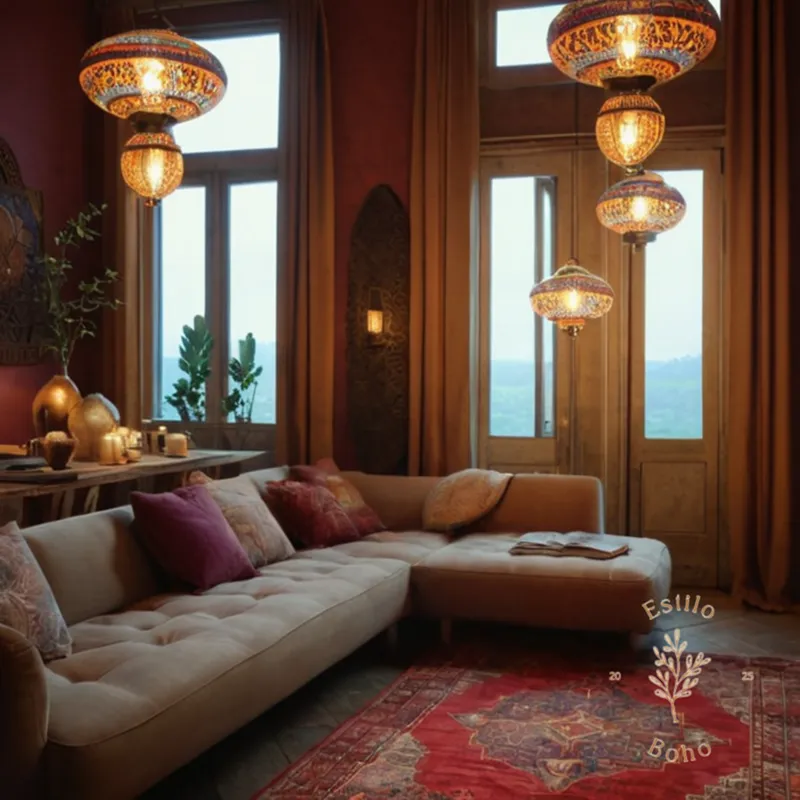 3-4 stylish lamps or light fixtures with bohemian designs.