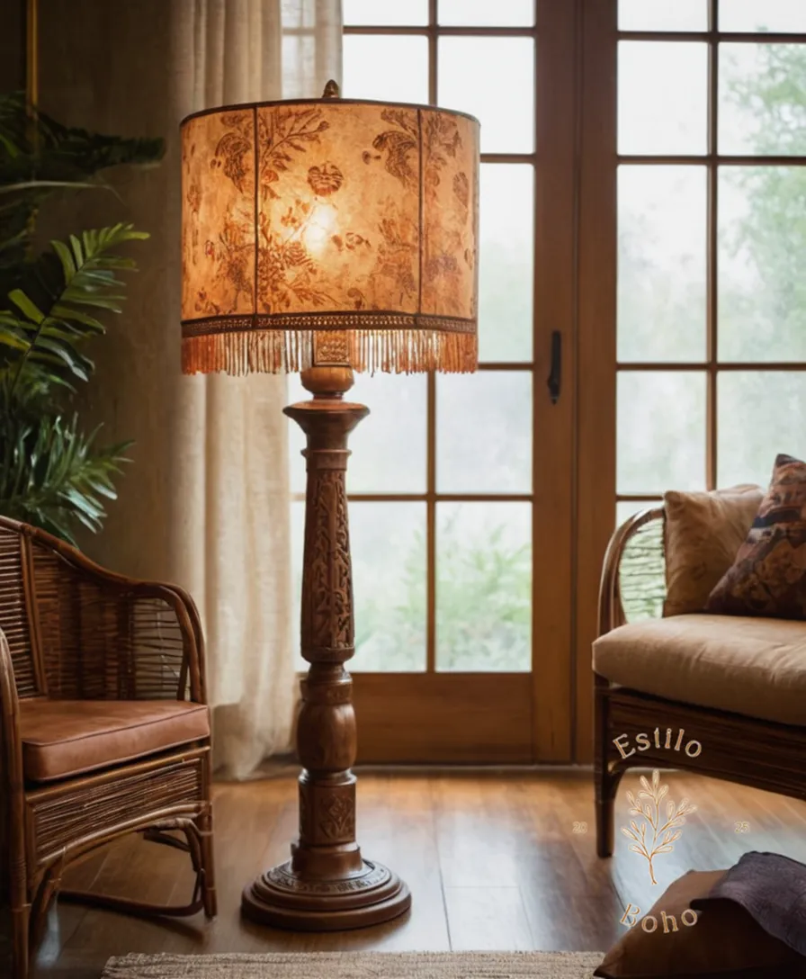 A bohemian floor lamp with rice paper shade.