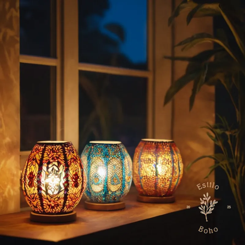 3-4 stylish, portable, and potted bohemian lamps being used.