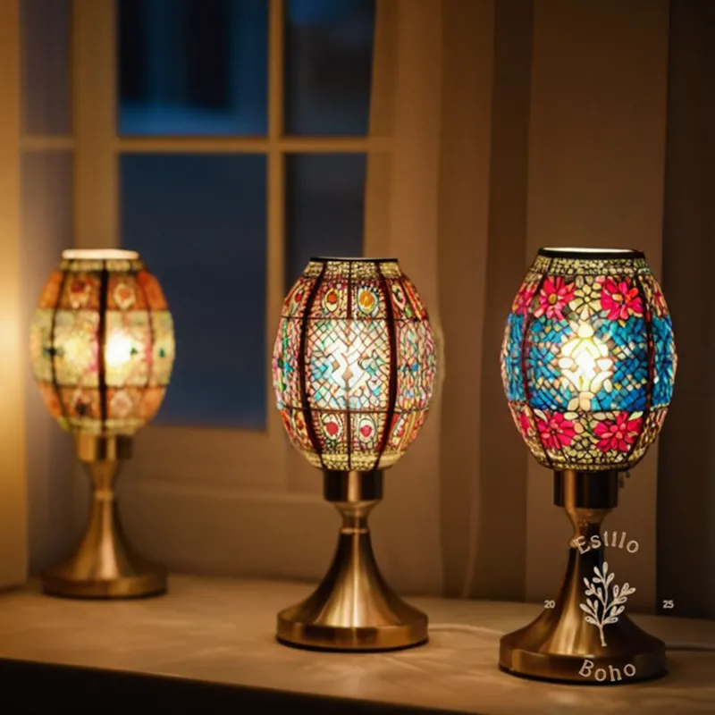 3-4 stylish, compact, bohemian-style foldable lamps on a background.