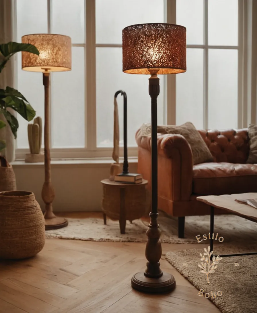 3 modern bohemian-style floor lamps arranged tastefully indoors.