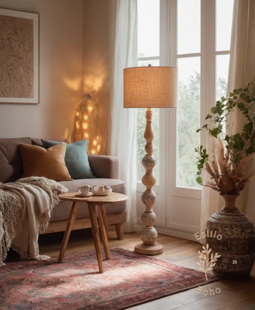 Cozy living space with unique ceramic bohemian floor lamps.