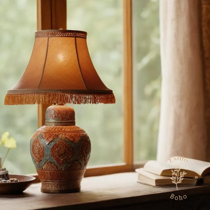 A bohemian ceramic table lamp being dusted or cleaned gently.
