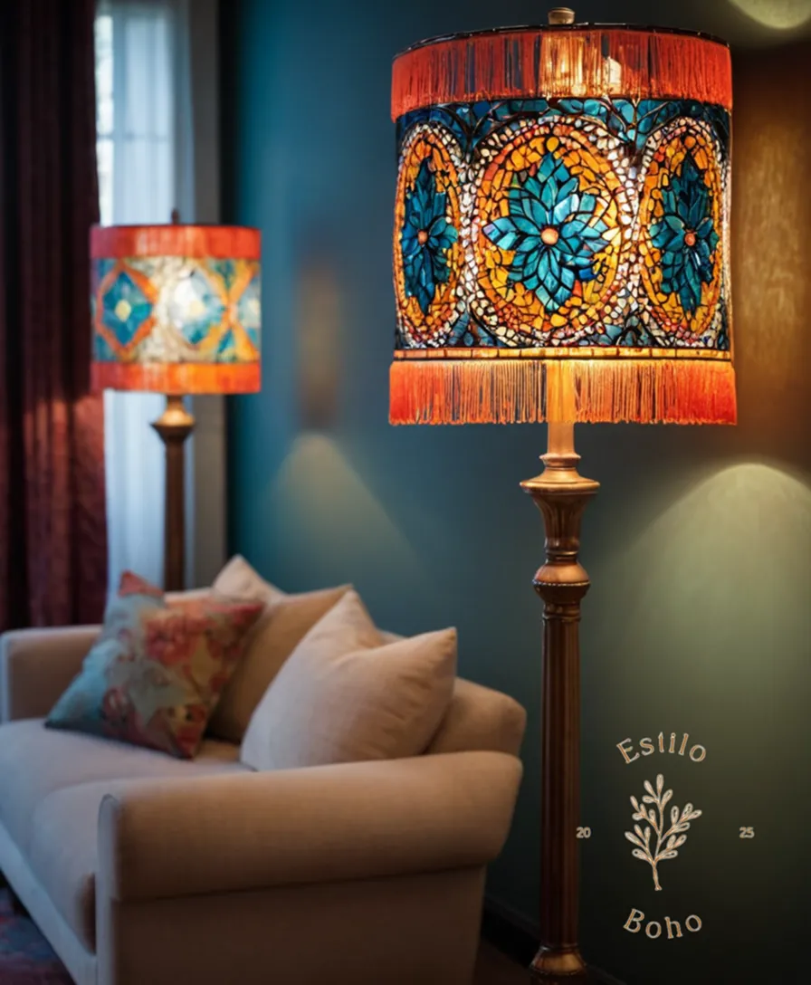 2-3 colorful, bohemian floor lamps in stylish living rooms or bedrooms settings.