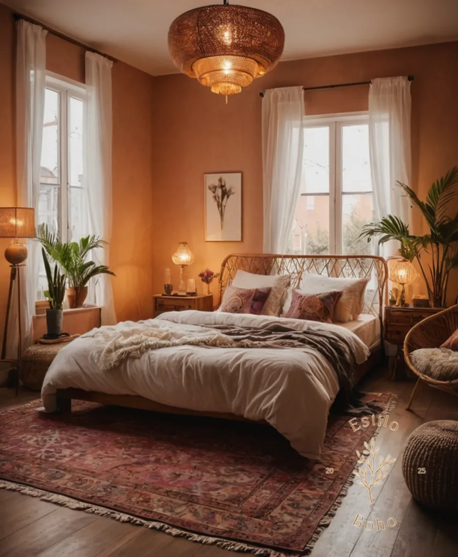 A bohemian bedroom lit by trendy floor lamps.