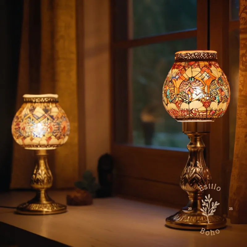 3-4 trendy lamps in bohemian-inspired settings with warm lighting.