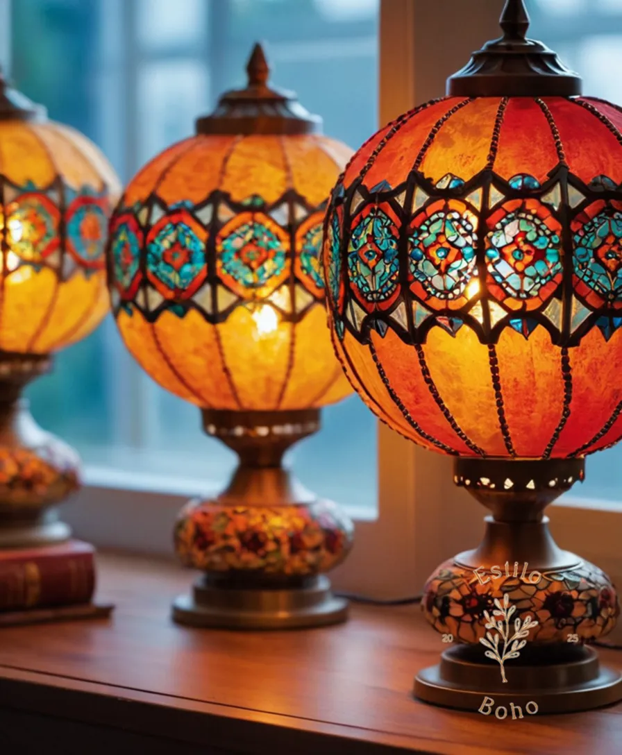 3 colorful boho-style lamps with adjustable LED lights.