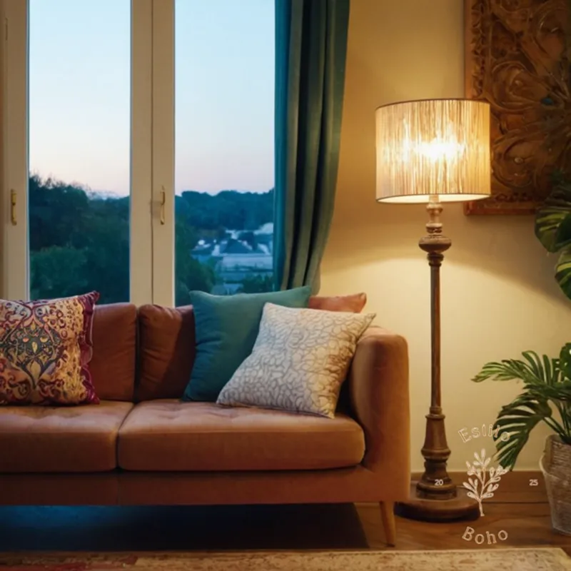 A bohemian-style floor lamp beside a sofa from different height viewpoints.