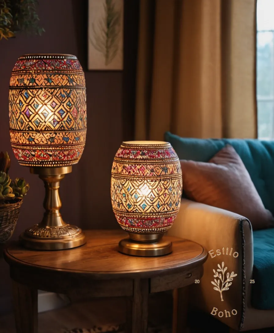 3 stylish bohemian-inspired lamp designs on a cozy living room background.