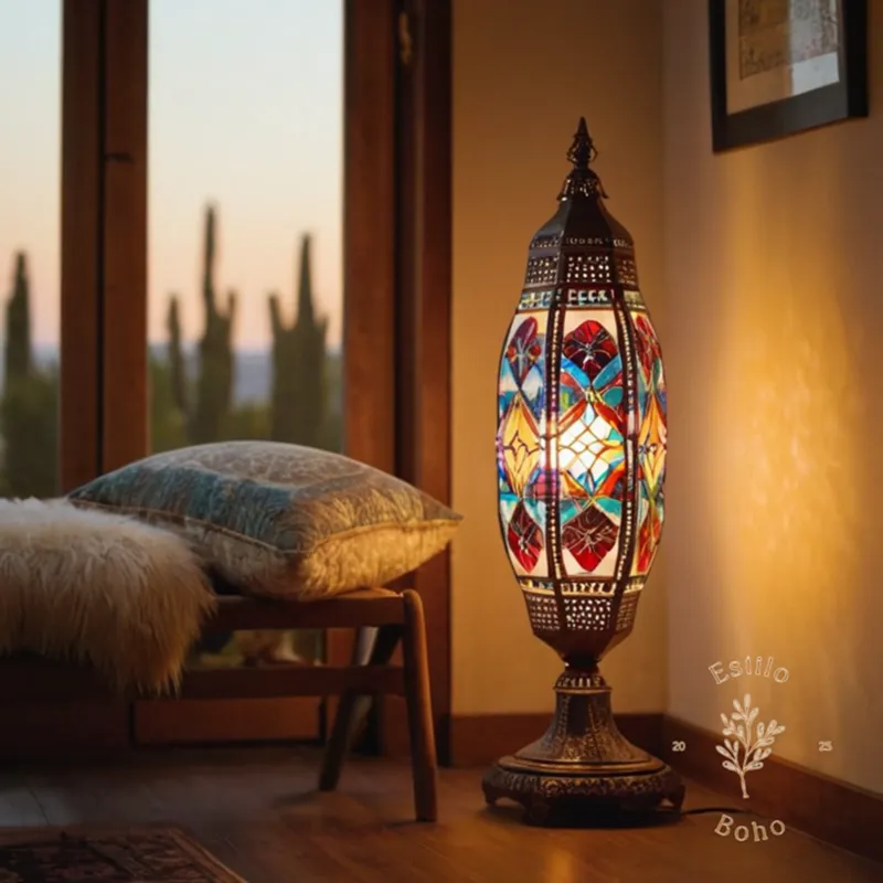 3-4 bohemian-themed floor lamps with stylish designs and bulbs.