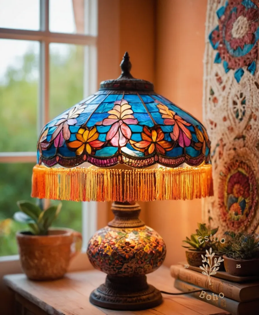 A colorful bohemian lamp in a quirky home decor arrangement.