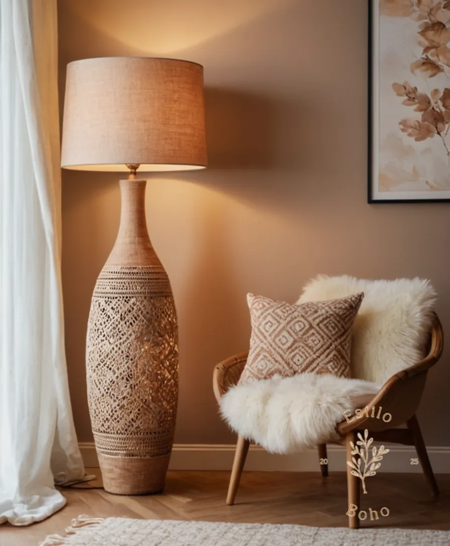 3 stylish boho chic floor lamps on a cozy home background.