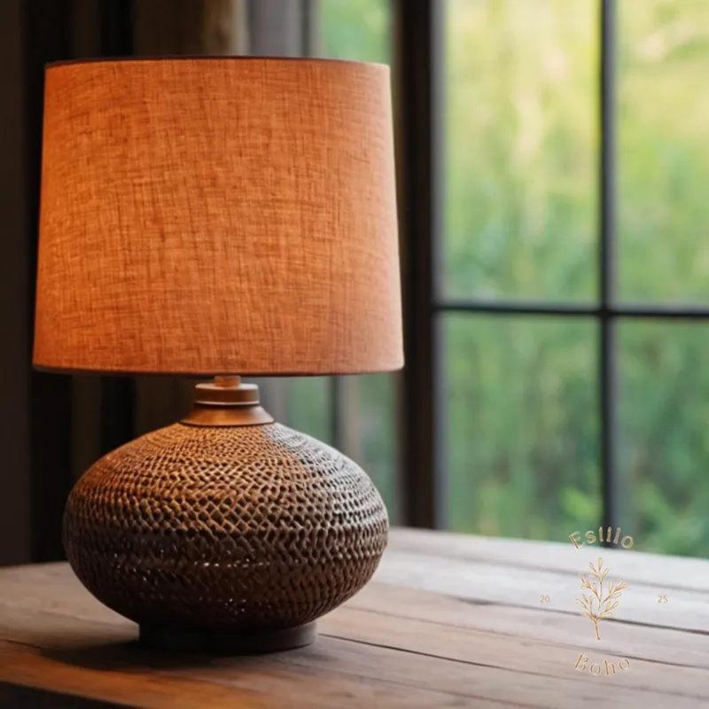 A minimalist bohemian-inspired lamp on a wood table background.